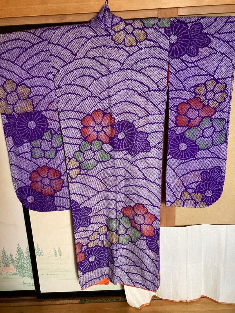 紫絞りの正絹振袖、レトロ、