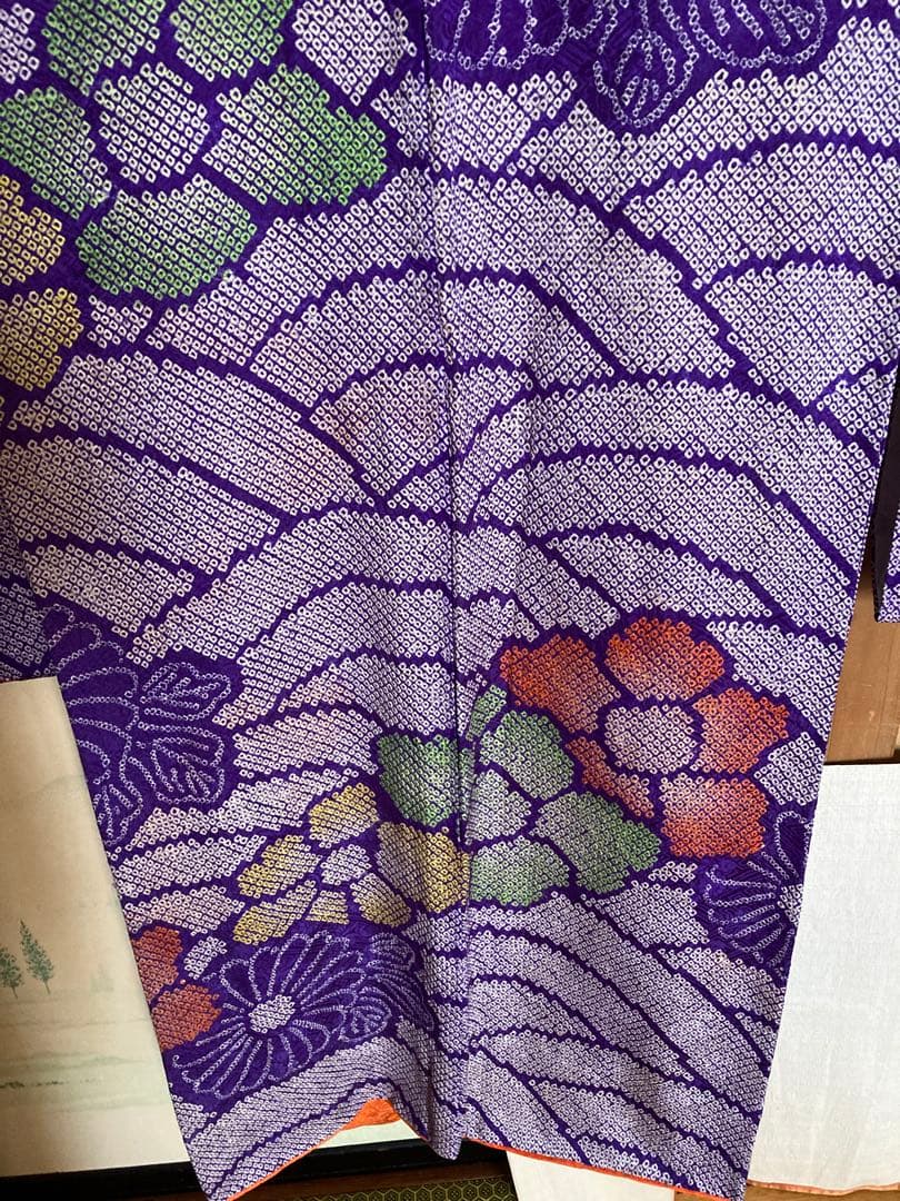 紫絞りの正絹振袖、レトロ、