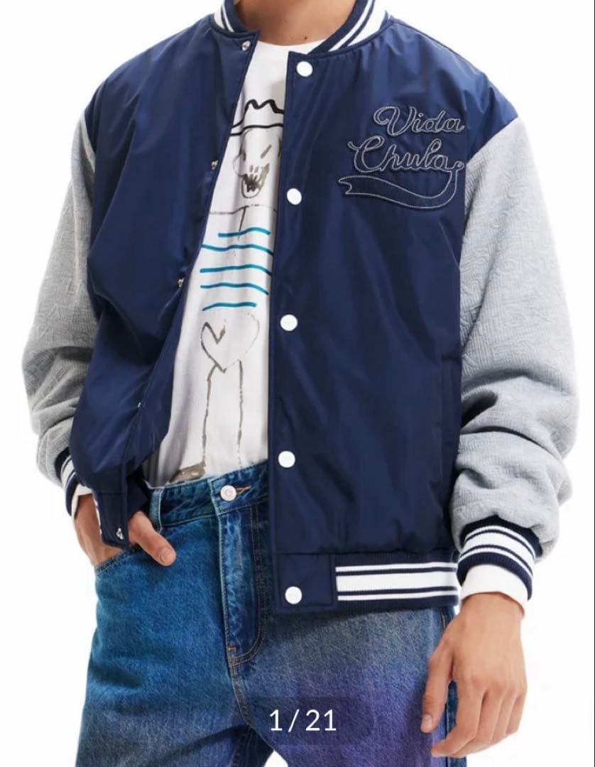 デシグアルDesigualカレッジジャケット　スタジャン ネイビー グレーM