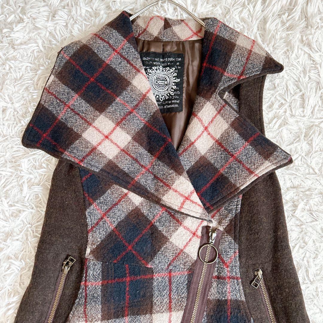 美品⁂センソユニコ⁂ロングチュニックベスト　ビッグカラー　アシメ　チェック切り替