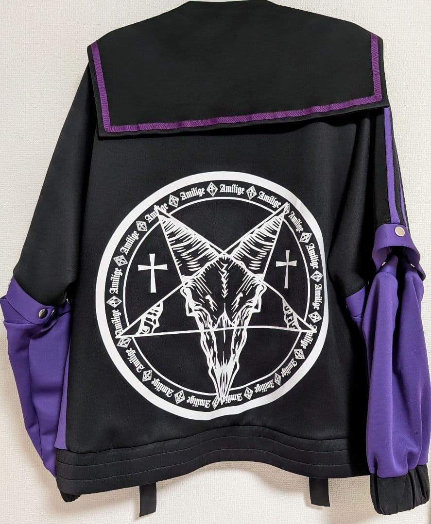 Amilige　バックプリントセーラーZIPジャージ ブラック×パープル