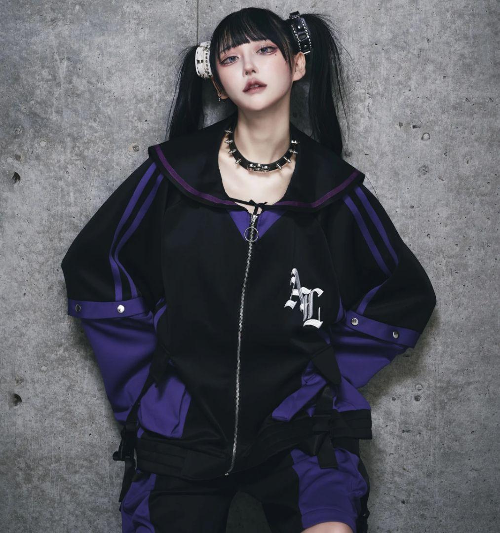 Amilige　バックプリントセーラーZIPジャージ ブラック×パープル