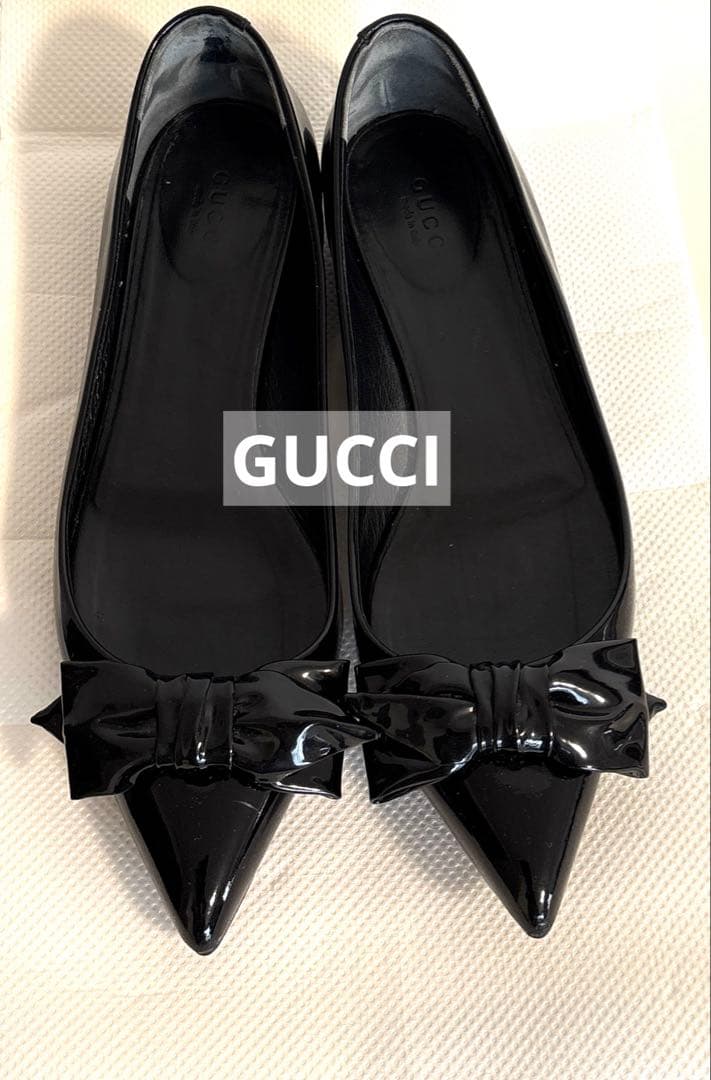 GUCCI ポインテッドトゥリボンパンプス バレエシューズ 37.5 黒 グッチ