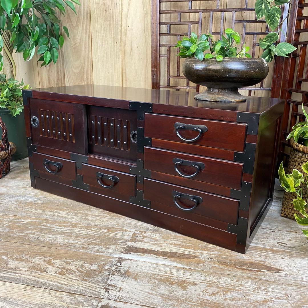 民芸家具桐材天然無垢和引き戸付きチェスト横長テレビ台飾り棚収納総桐和箪笥