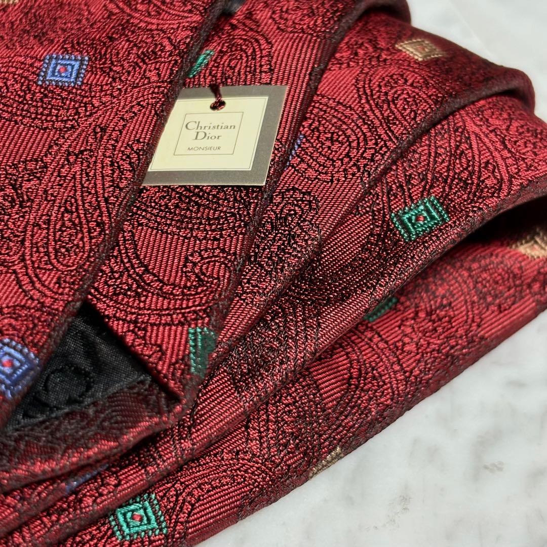 Christian Dior ネクタイ レッド ペイズリー柄 光沢