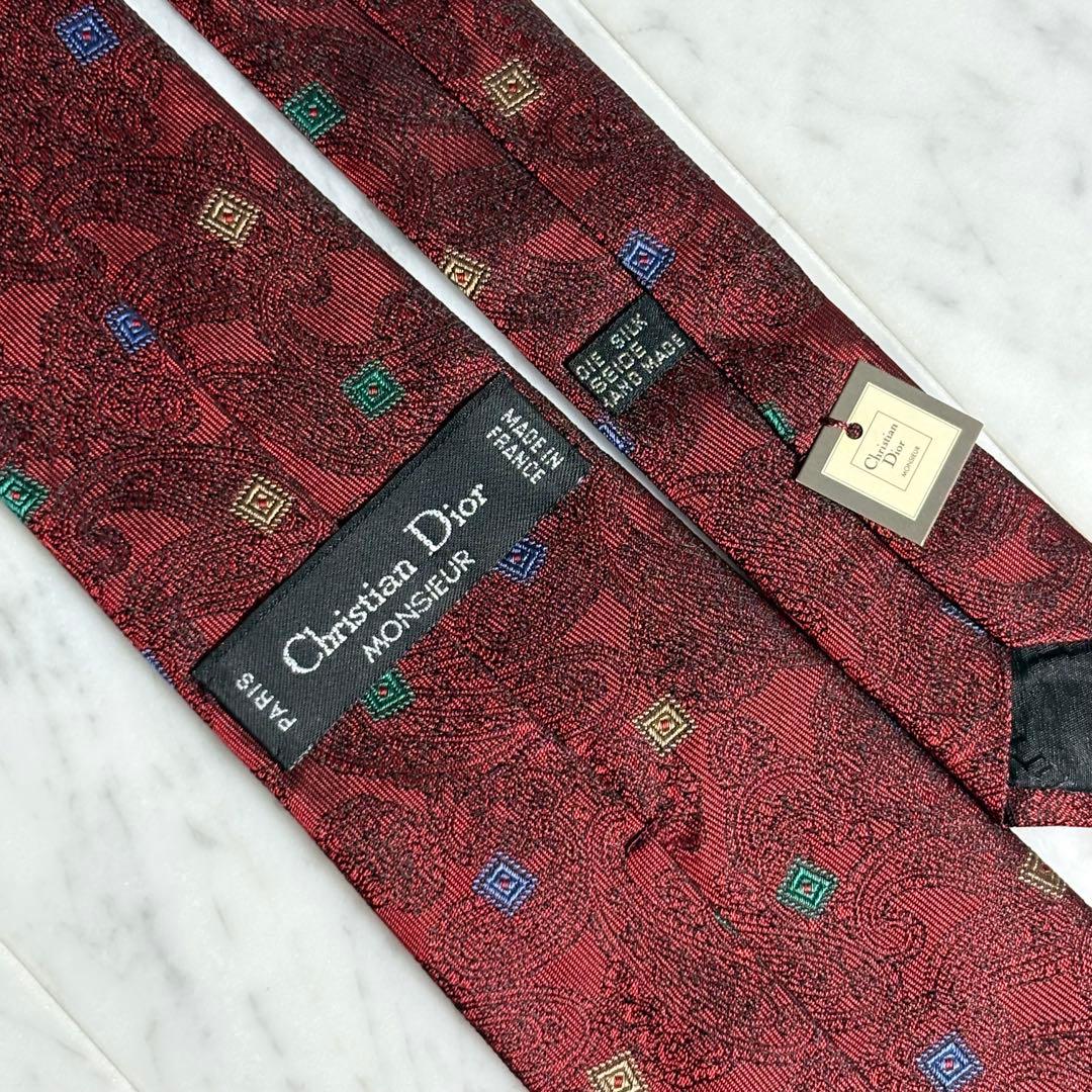 Christian Dior ネクタイ レッド ペイズリー柄 光沢