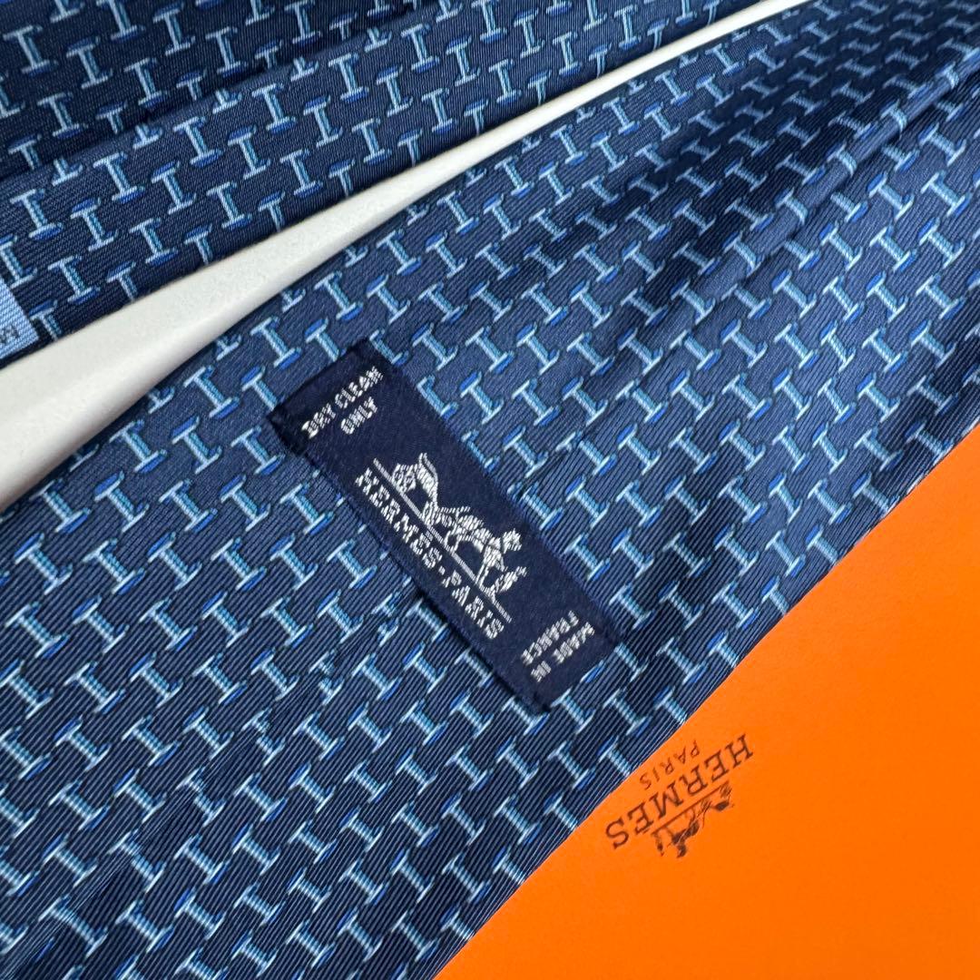 極美品 HERMES H柄 アンカーチェーン ロゴ ネクタイ ネイビー エルメス