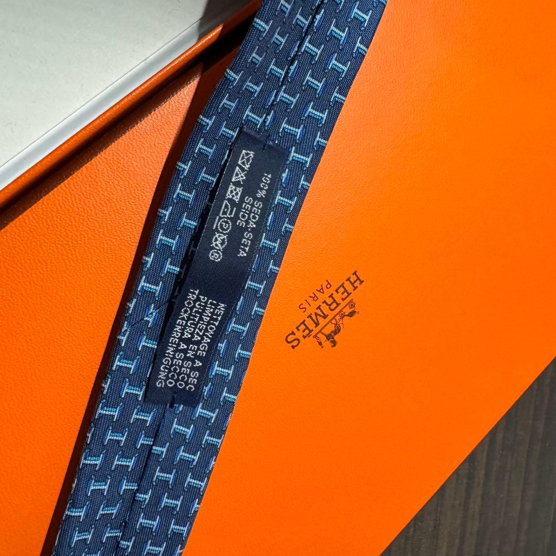 極美品 HERMES H柄 アンカーチェーン ロゴ ネクタイ ネイビー エルメス