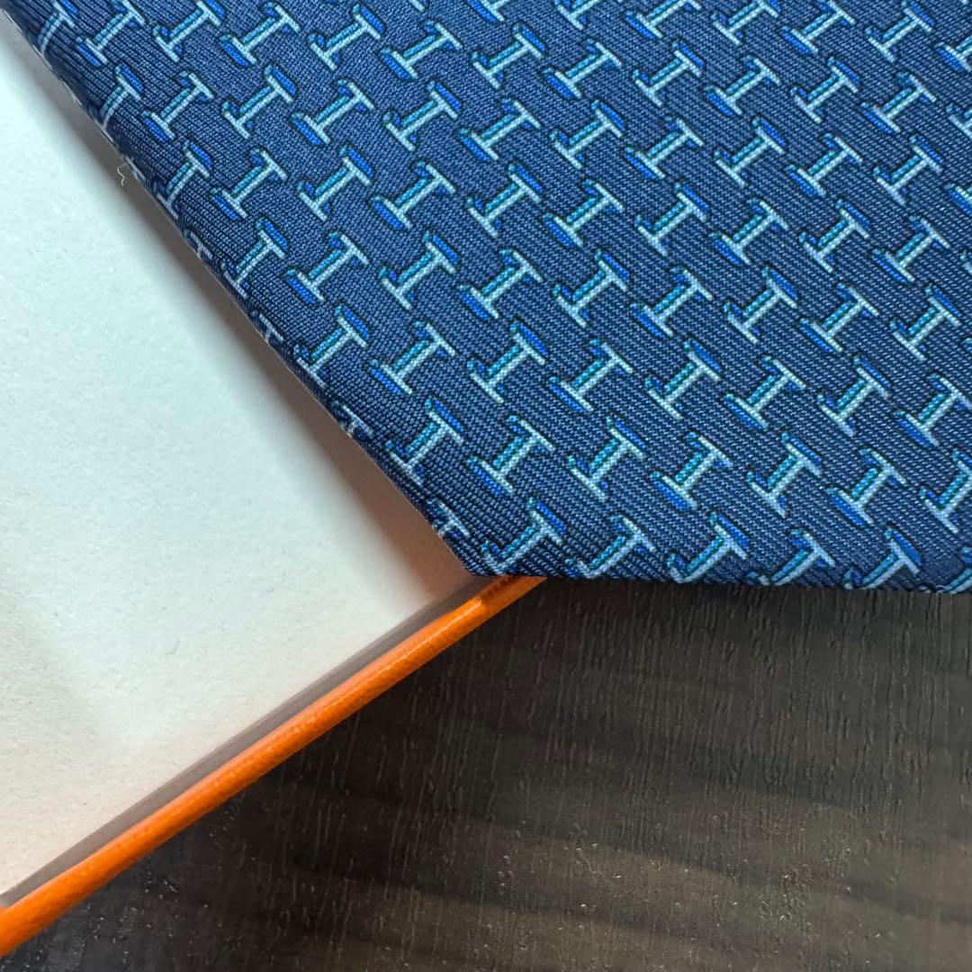 極美品 HERMES H柄 アンカーチェーン ロゴ ネクタイ ネイビー エルメス