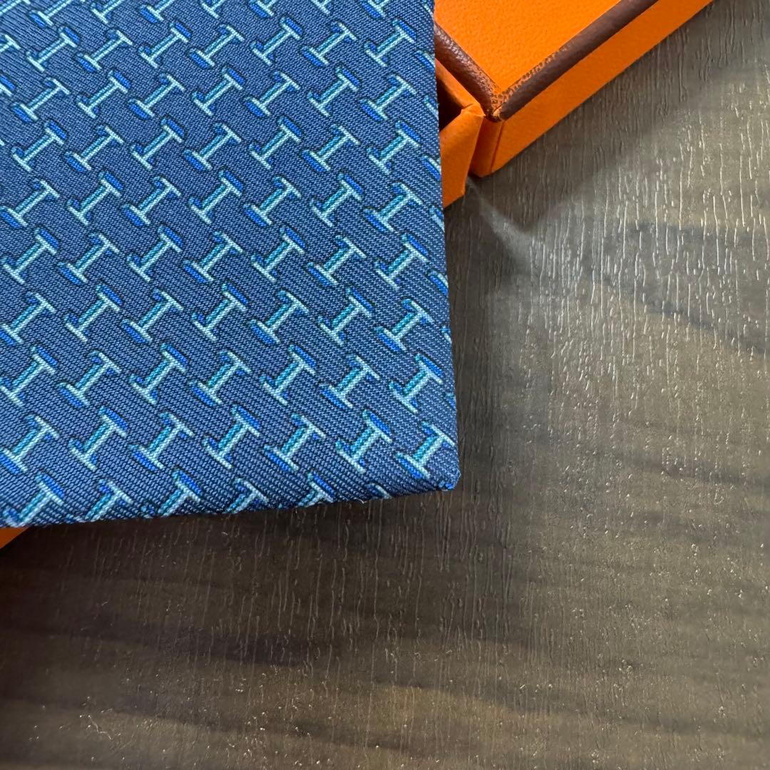 極美品 HERMES H柄 アンカーチェーン ロゴ ネクタイ ネイビー エルメス