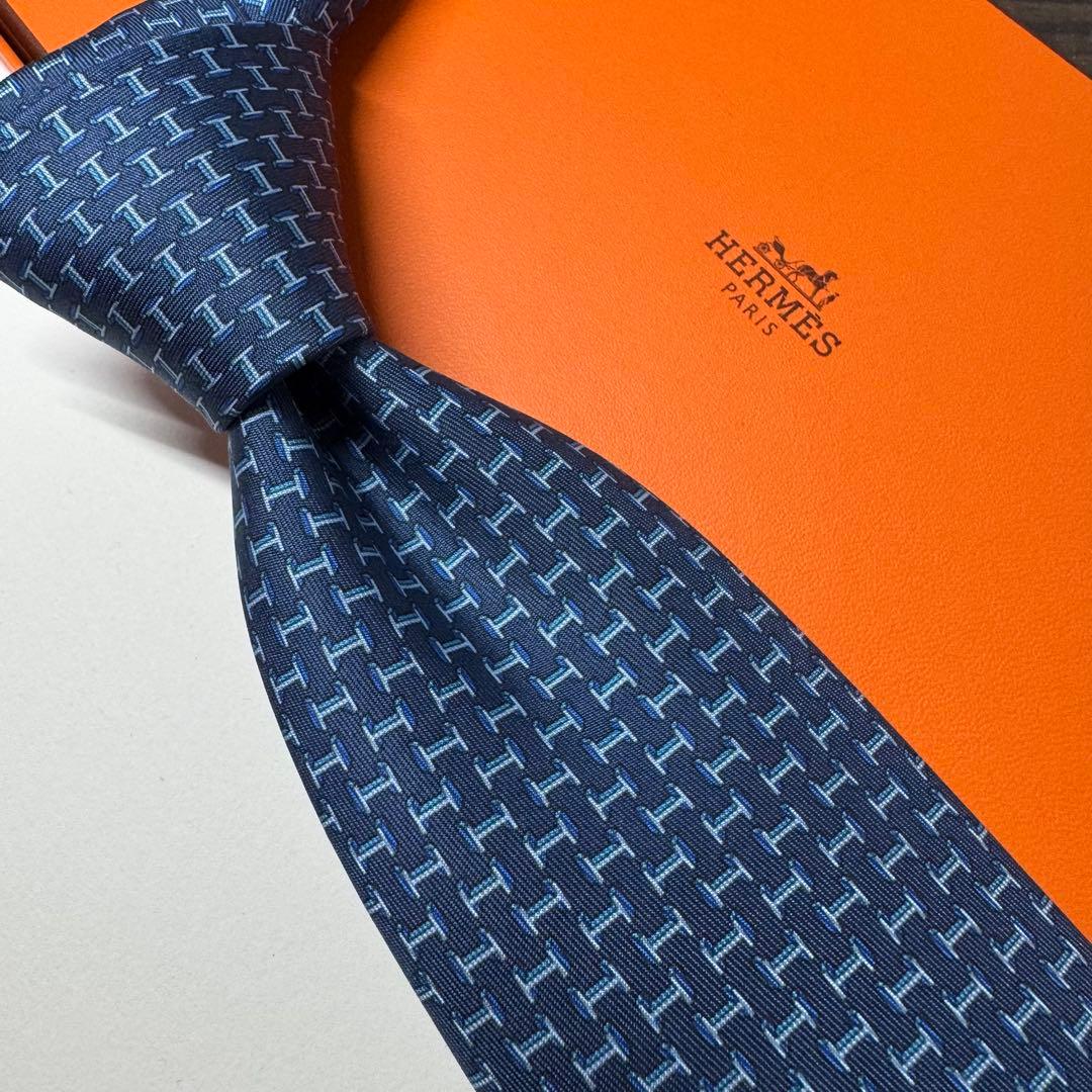 極美品 HERMES H柄 アンカーチェーン ロゴ ネクタイ ネイビー エルメス