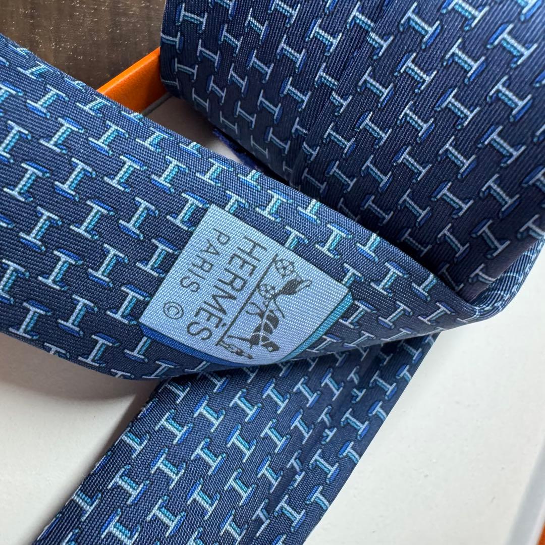 極美品 HERMES H柄 アンカーチェーン ロゴ ネクタイ ネイビー エルメス