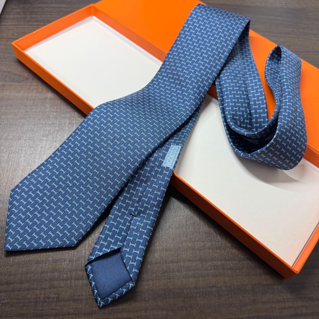 極美品 HERMES H柄 アンカーチェーン ロゴ ネクタイ ネイビー エルメス