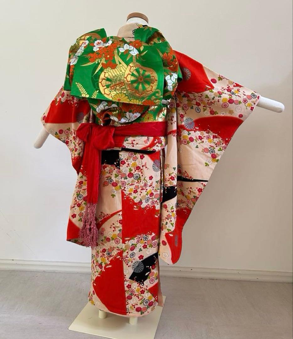 7歳七五三　アンティーク正絹着物、帯揚げ、帯締め　しごき　セット