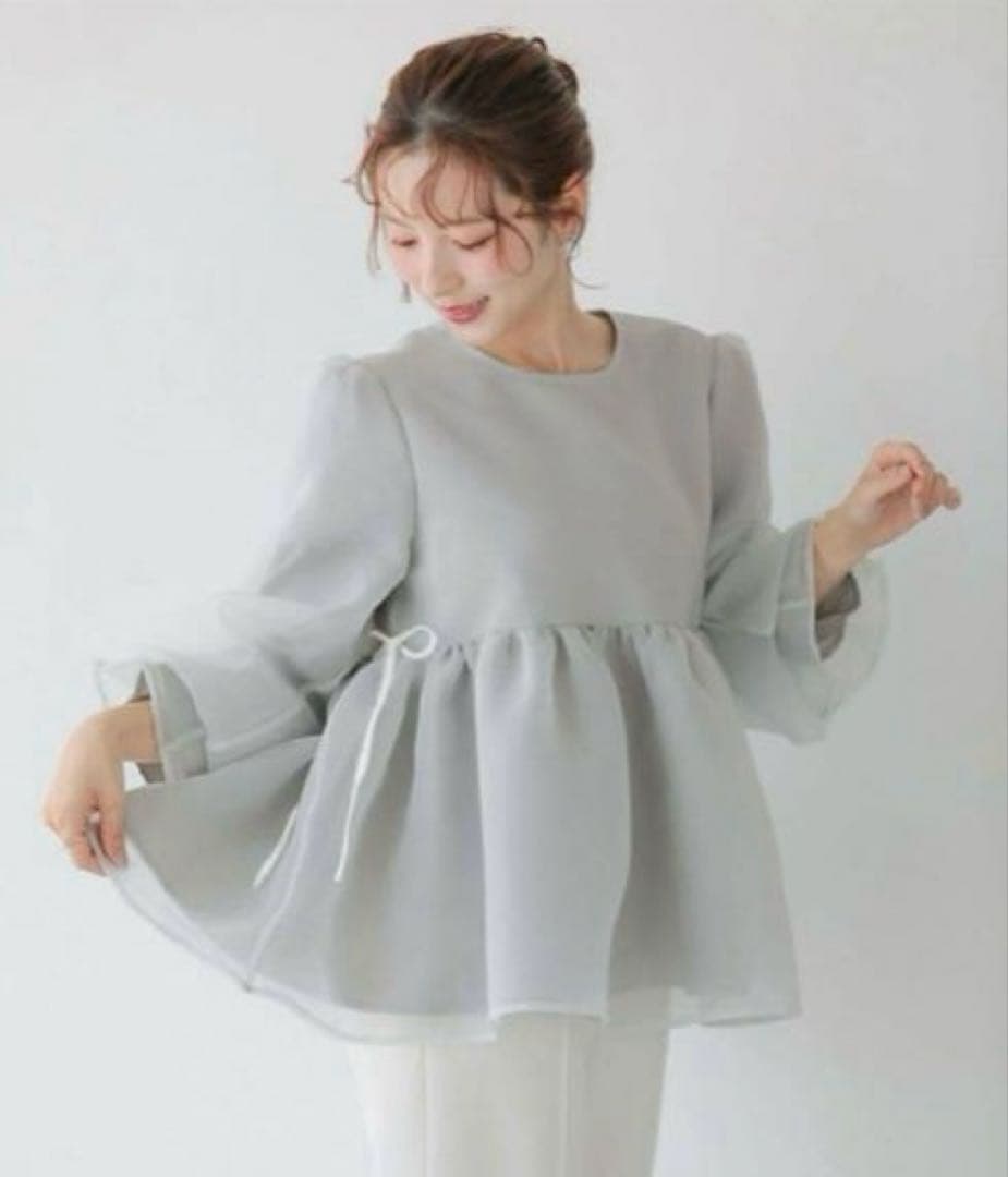 クリンクルシアーオーガンジーボリュームスリーブトップス　fitmore