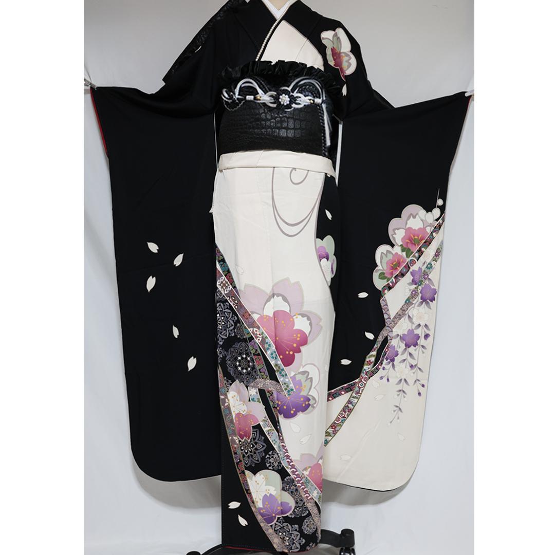 良好■振袖7点セット帯新品帯締め帯揚げフルセットトールサイズ白系黒成人式IB35