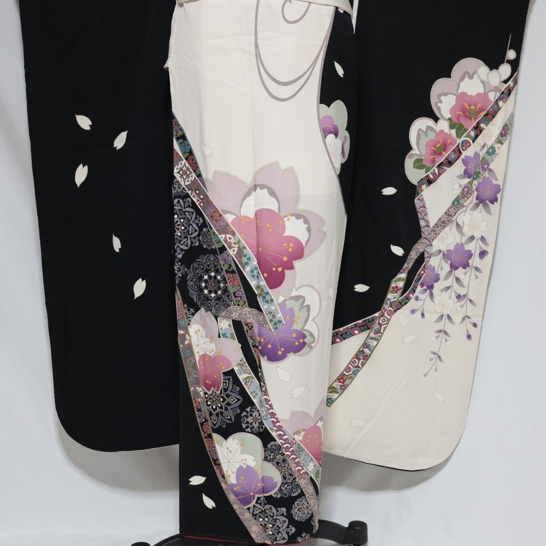 良好■振袖7点セット帯新品帯締め帯揚げフルセットトールサイズ白系黒成人式IB35