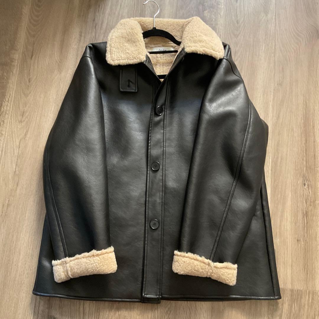 Anuke レザー ボア襟 ジャケット 黒