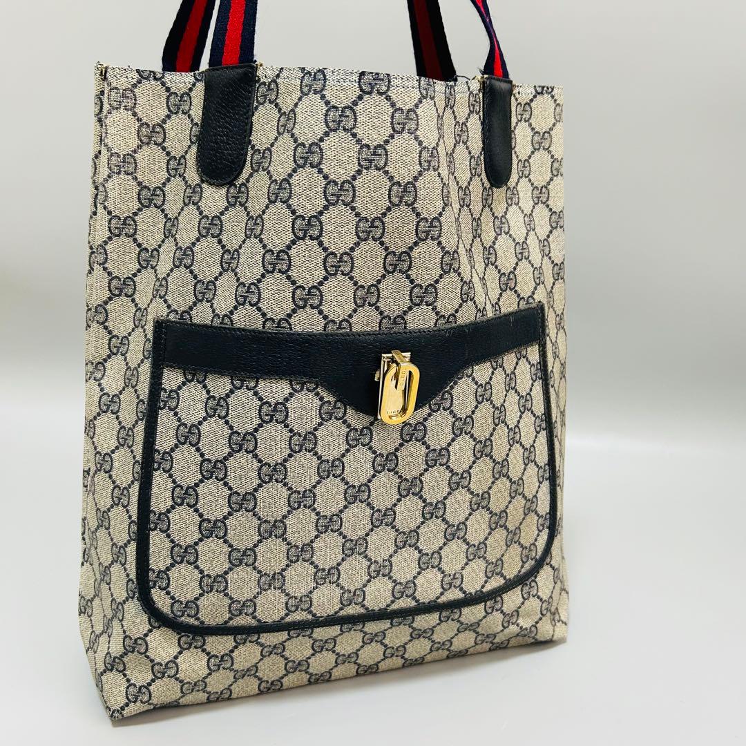GUCCI グッチ シェリーライン GG柄 PVC トートバッグ ネイビー