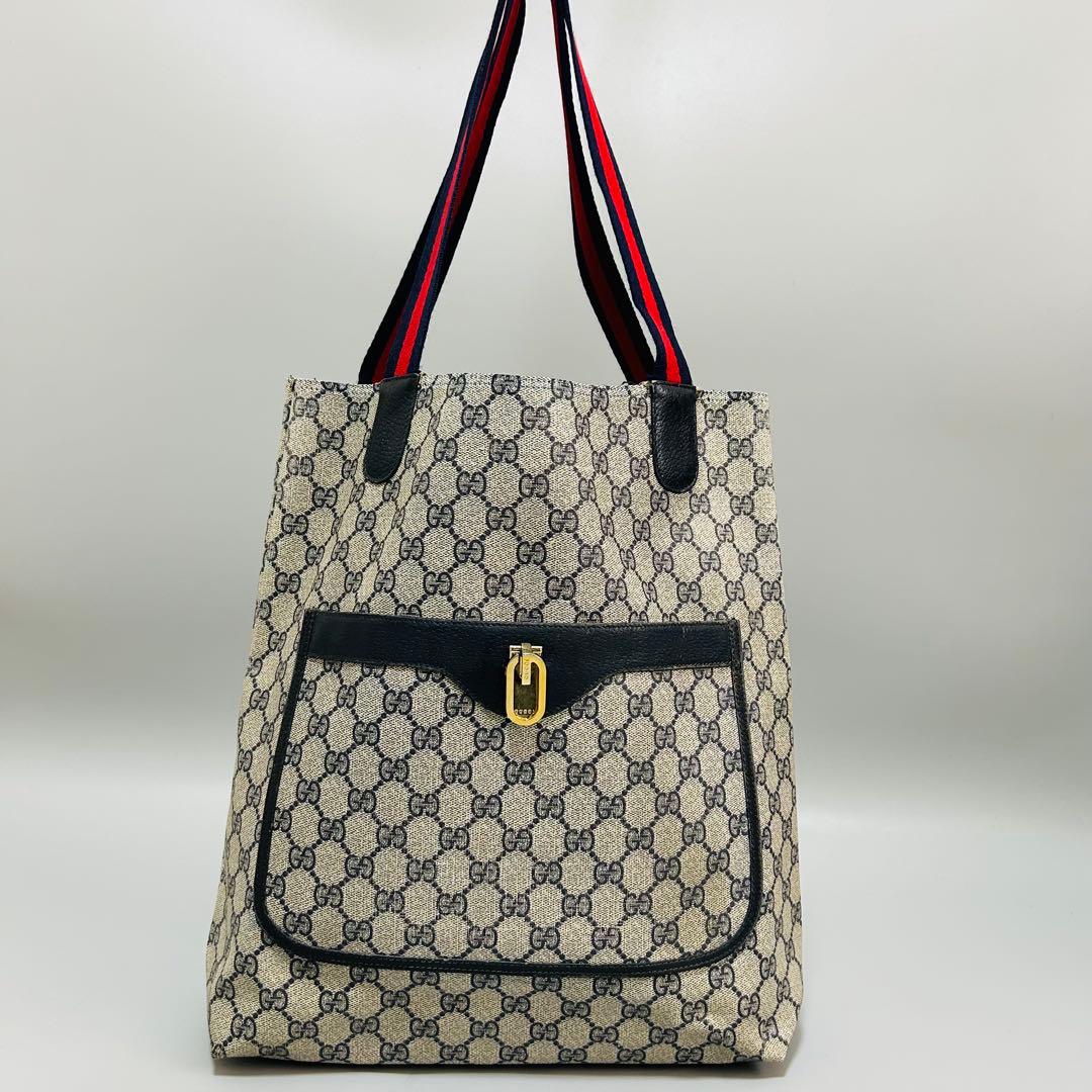 GUCCI グッチ シェリーライン GG柄 PVC トートバッグ ネイビー