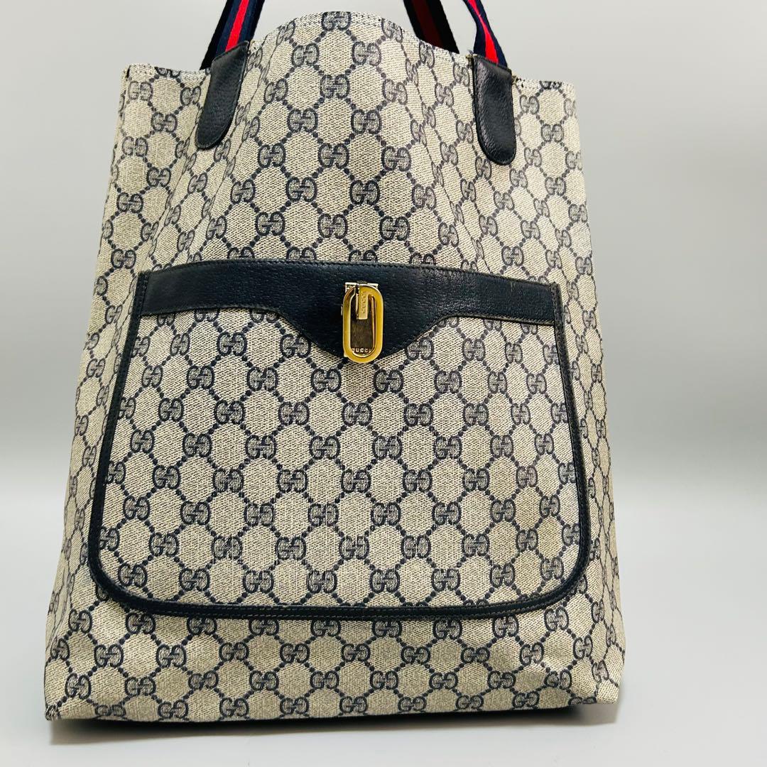GUCCI グッチ シェリーライン GG柄 PVC トートバッグ ネイビー
