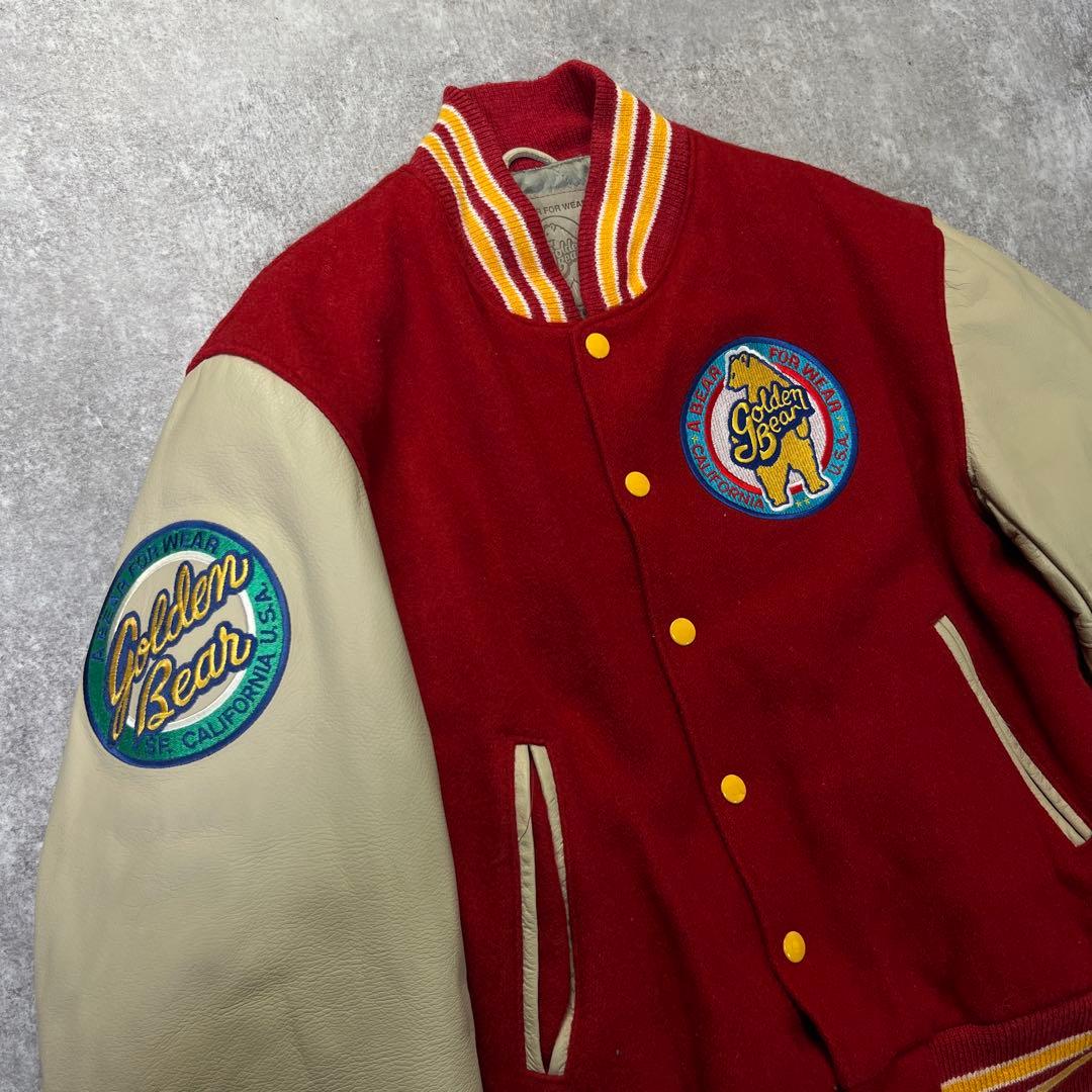 90s USA製 GOLDEN BEAR スタジャン　袖レザー　赤　M　刺繍