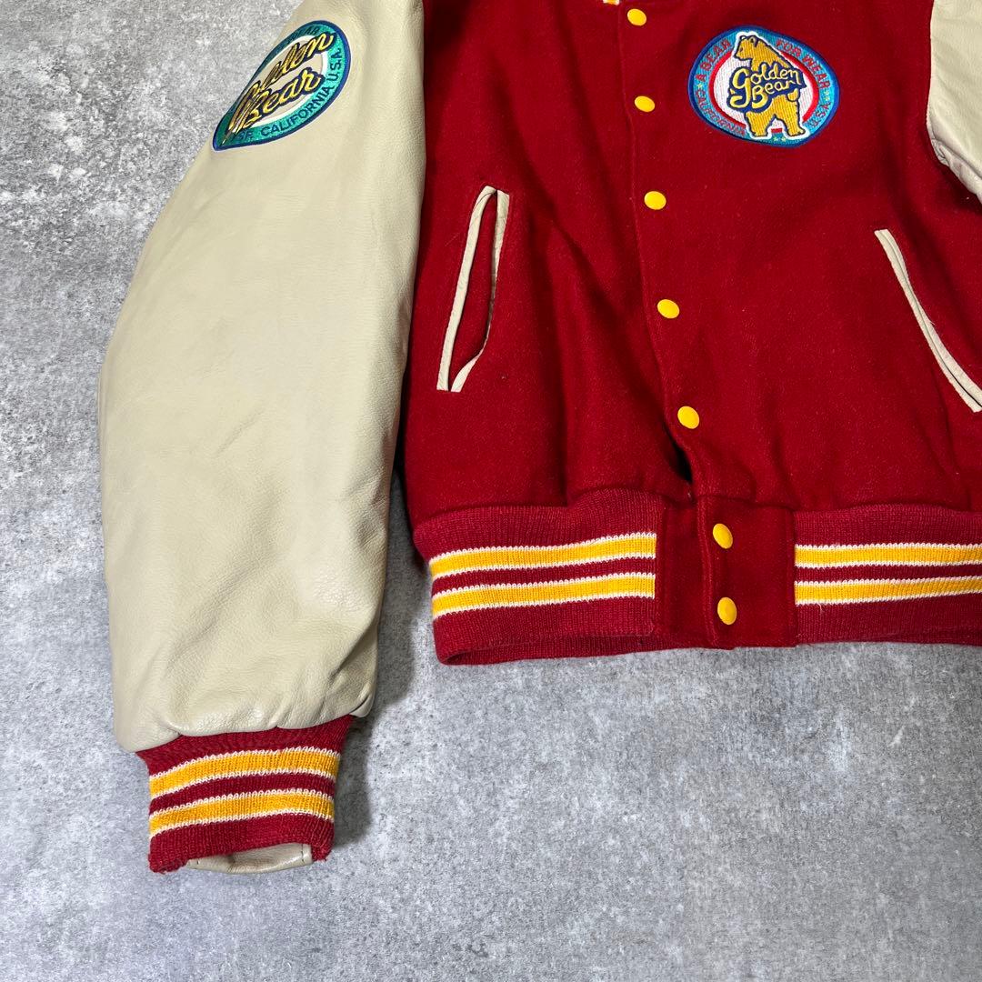 90s USA製 GOLDEN BEAR スタジャン　袖レザー　赤　M　刺繍