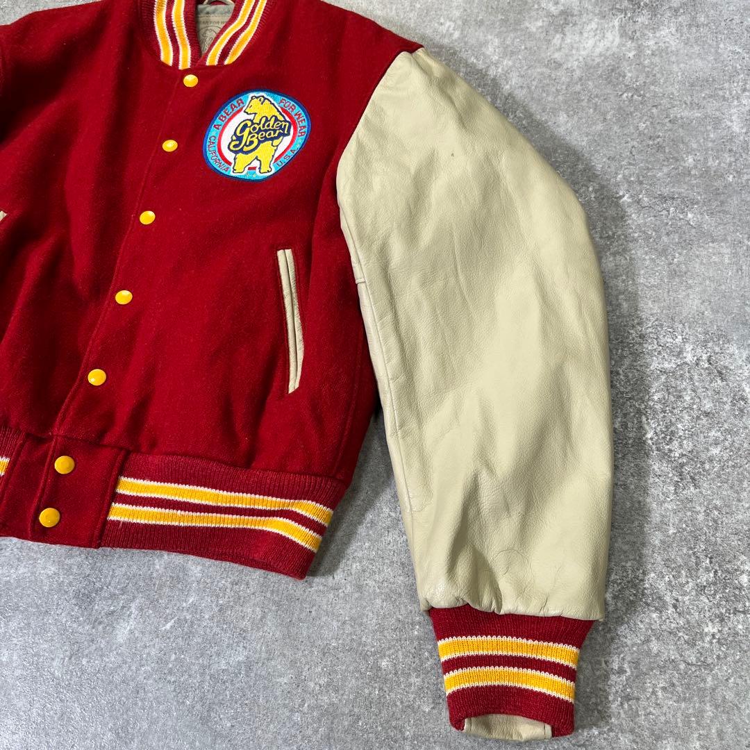90s USA製 GOLDEN BEAR スタジャン　袖レザー　赤　M　刺繍