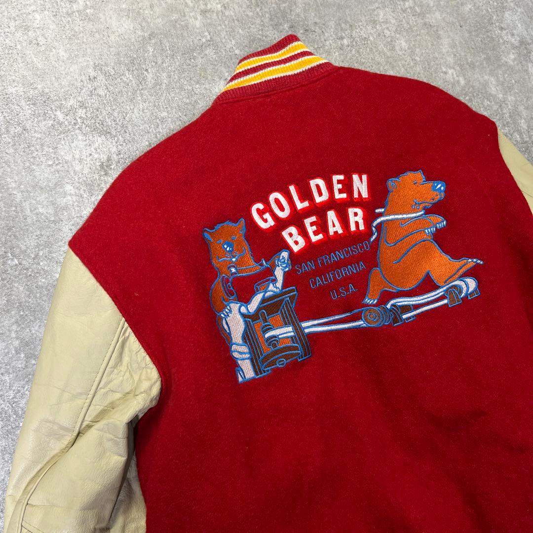 90s USA製 GOLDEN BEAR スタジャン　袖レザー　赤　M　刺繍