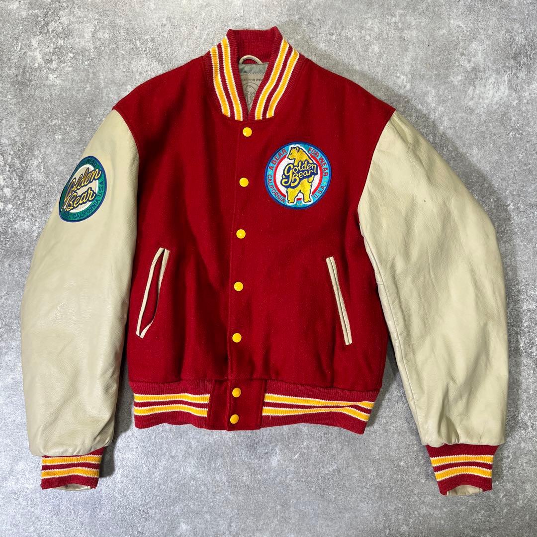 90s USA製 GOLDEN BEAR スタジャン　袖レザー　赤　M　刺繍
