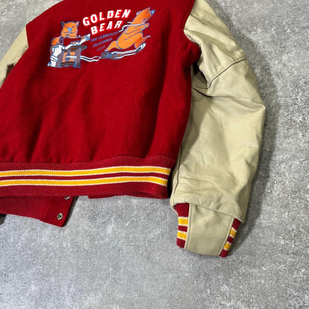 90s USA製 GOLDEN BEAR スタジャン　袖レザー　赤　M　刺繍