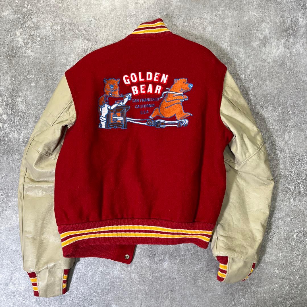 90s USA製 GOLDEN BEAR スタジャン　袖レザー　赤　M　刺繍