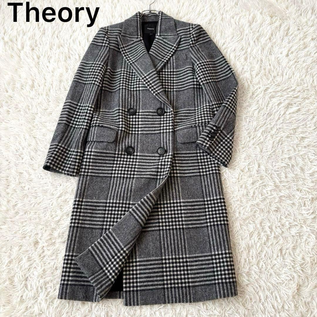 美品✨ セオリー チェスターコート ウール グレンチェック 黒 ブラック P