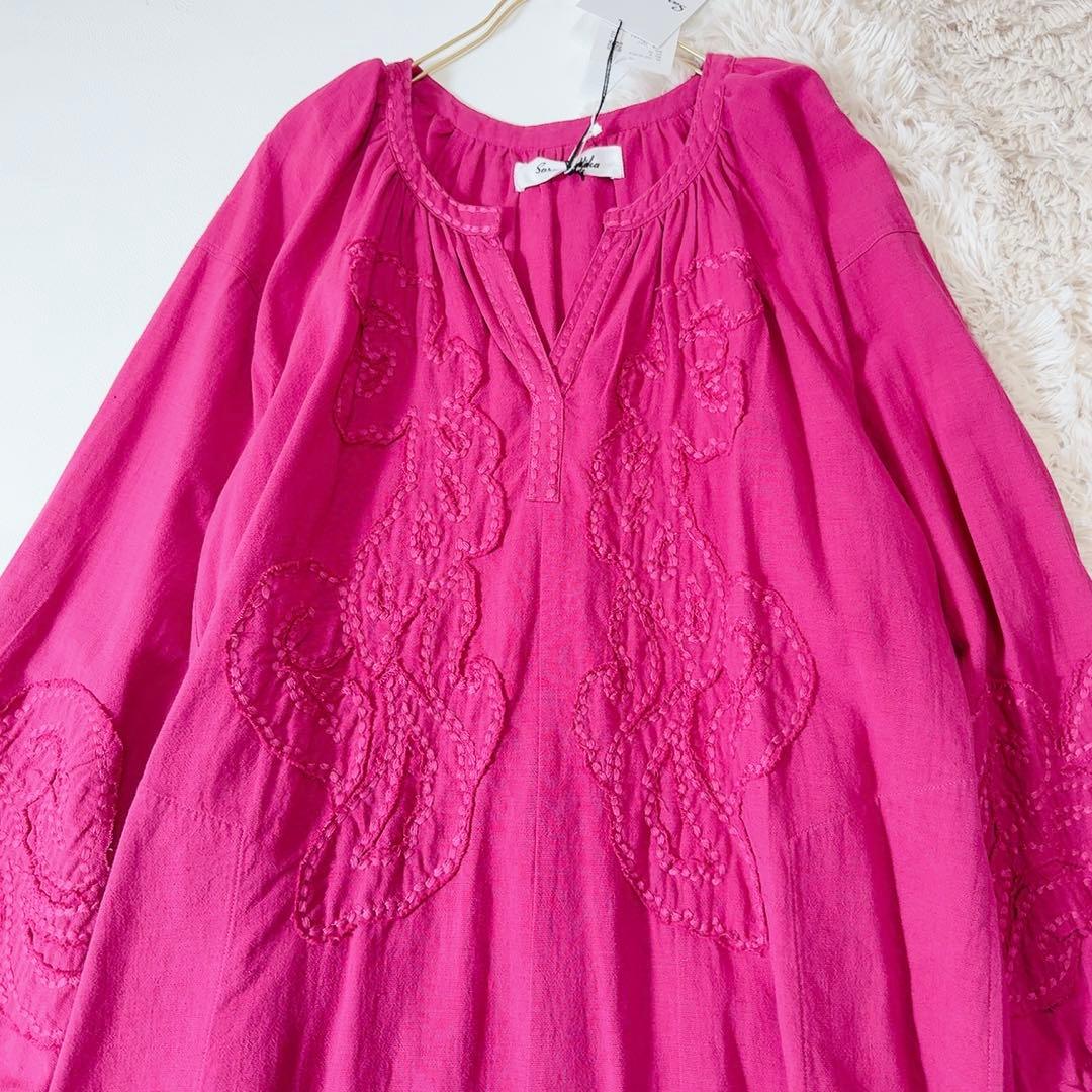 新品タグ付ꕥサラマリカ コットンリネンパッチドレス 共布リボン 刺繍 ゆったり