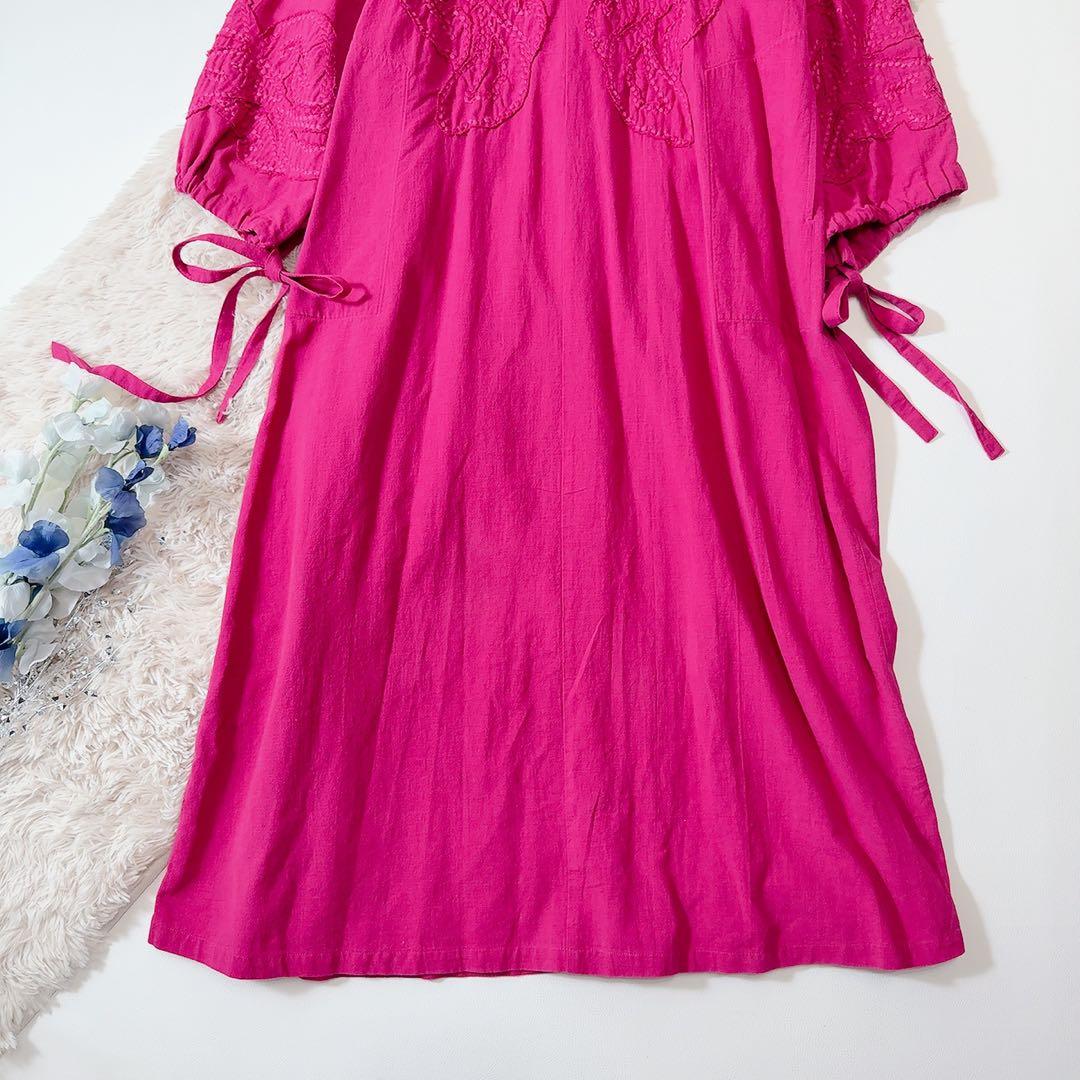 新品タグ付ꕥサラマリカ コットンリネンパッチドレス 共布リボン 刺繍 ゆったり