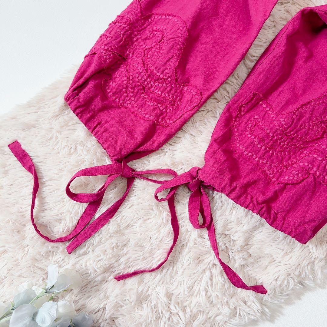 新品タグ付ꕥサラマリカ コットンリネンパッチドレス 共布リボン 刺繍 ゆったり