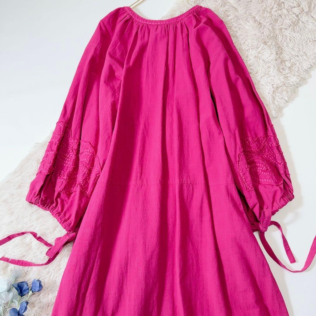 新品タグ付ꕥサラマリカ コットンリネンパッチドレス 共布リボン 刺繍 ゆったり