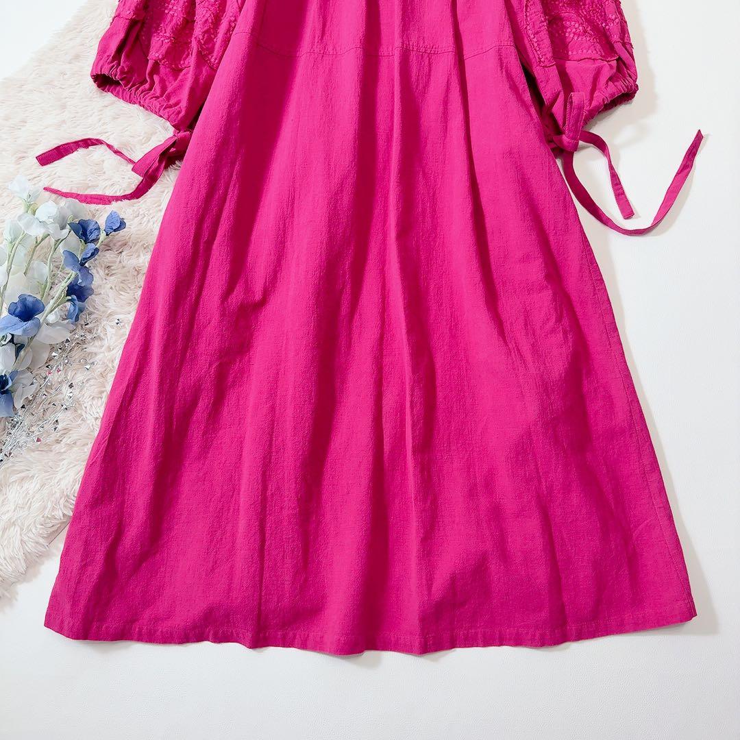 新品タグ付ꕥサラマリカ コットンリネンパッチドレス 共布リボン 刺繍 ゆったり