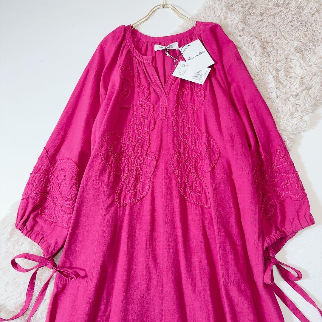 新品タグ付ꕥサラマリカ コットンリネンパッチドレス 共布リボン 刺繍 ゆったり