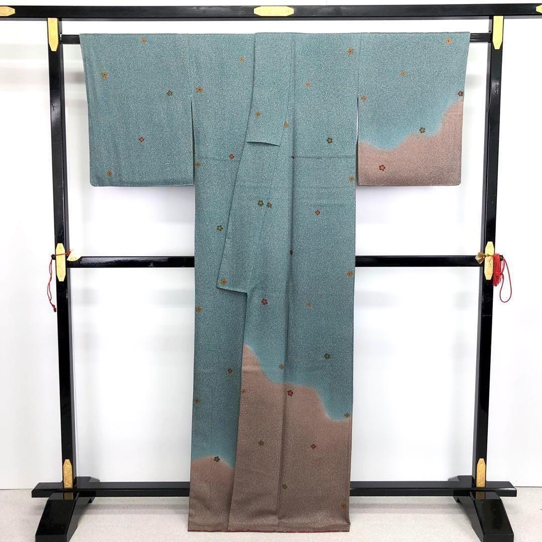 付下げ 飛び柄花柄模様 叩き染 青碧色 トールサイズ K-3226