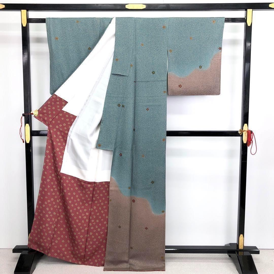 付下げ 飛び柄花柄模様 叩き染 青碧色 トールサイズ K-3226