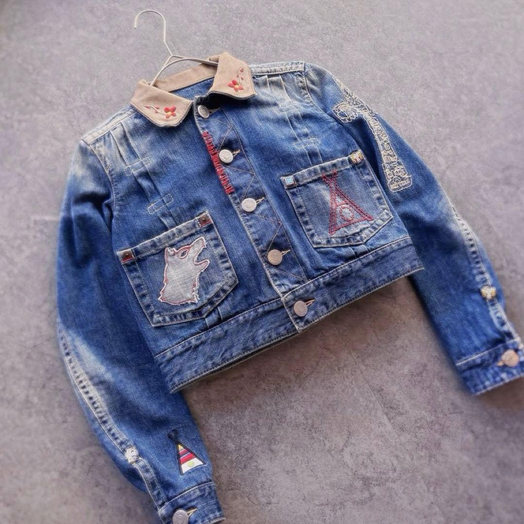 DSQUARED2 クロップド丈 デニムジャケット 本革襟 刺繍 y2k