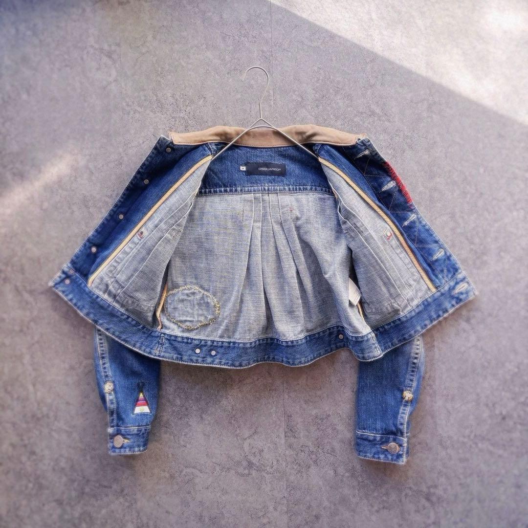 DSQUARED2 クロップド丈 デニムジャケット 本革襟 刺繍 y2k