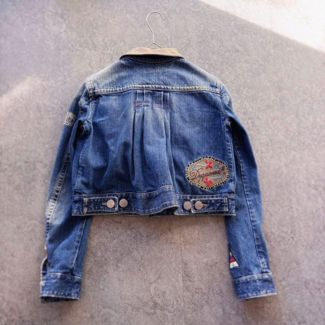 DSQUARED2 クロップド丈 デニムジャケット 本革襟 刺繍 y2k