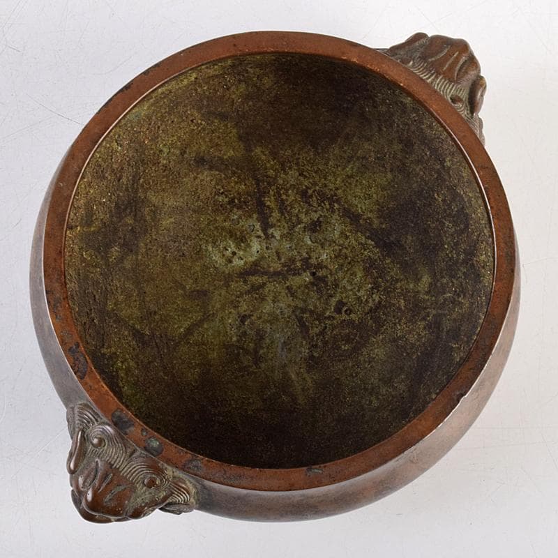 NM　中国　古銅　双獅子耳香炉　在銘　M　R9067