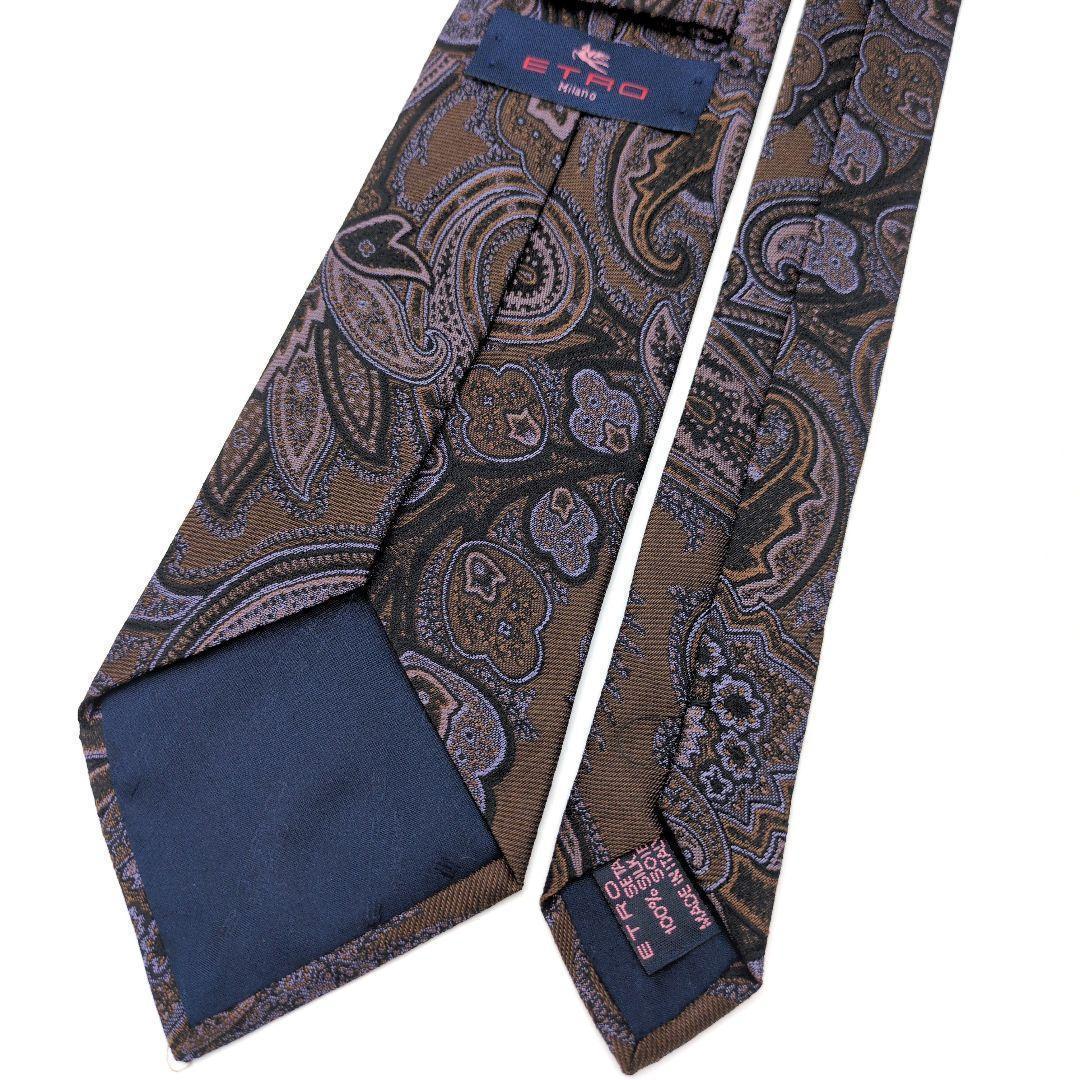 【美品】エトロ ネクタイ ブラウン ブラック ペイズリー 光沢 高級 イタリア製