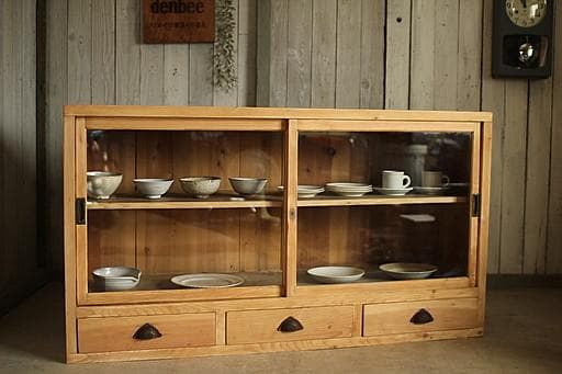ロコ　古い木枠のガラス戸棚　引き出し3杯　水屋　食器棚　カウンター