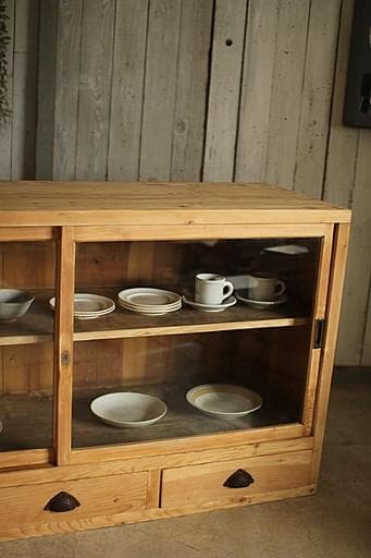 ロコ　古い木枠のガラス戸棚　引き出し3杯　水屋　食器棚　カウンター