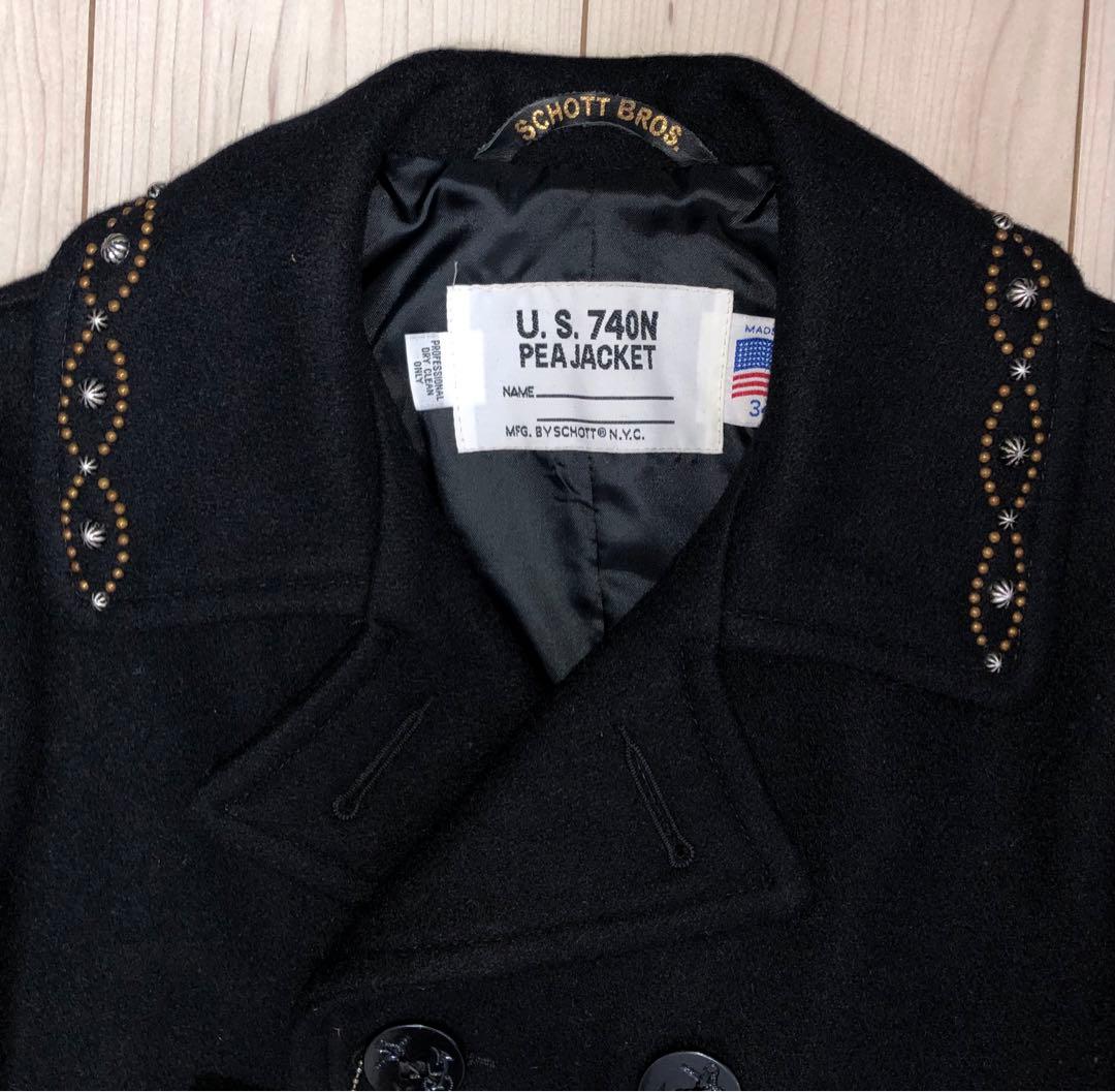 34 新品 Schott x HTC 753US Pコート スタッズ タイト 黒