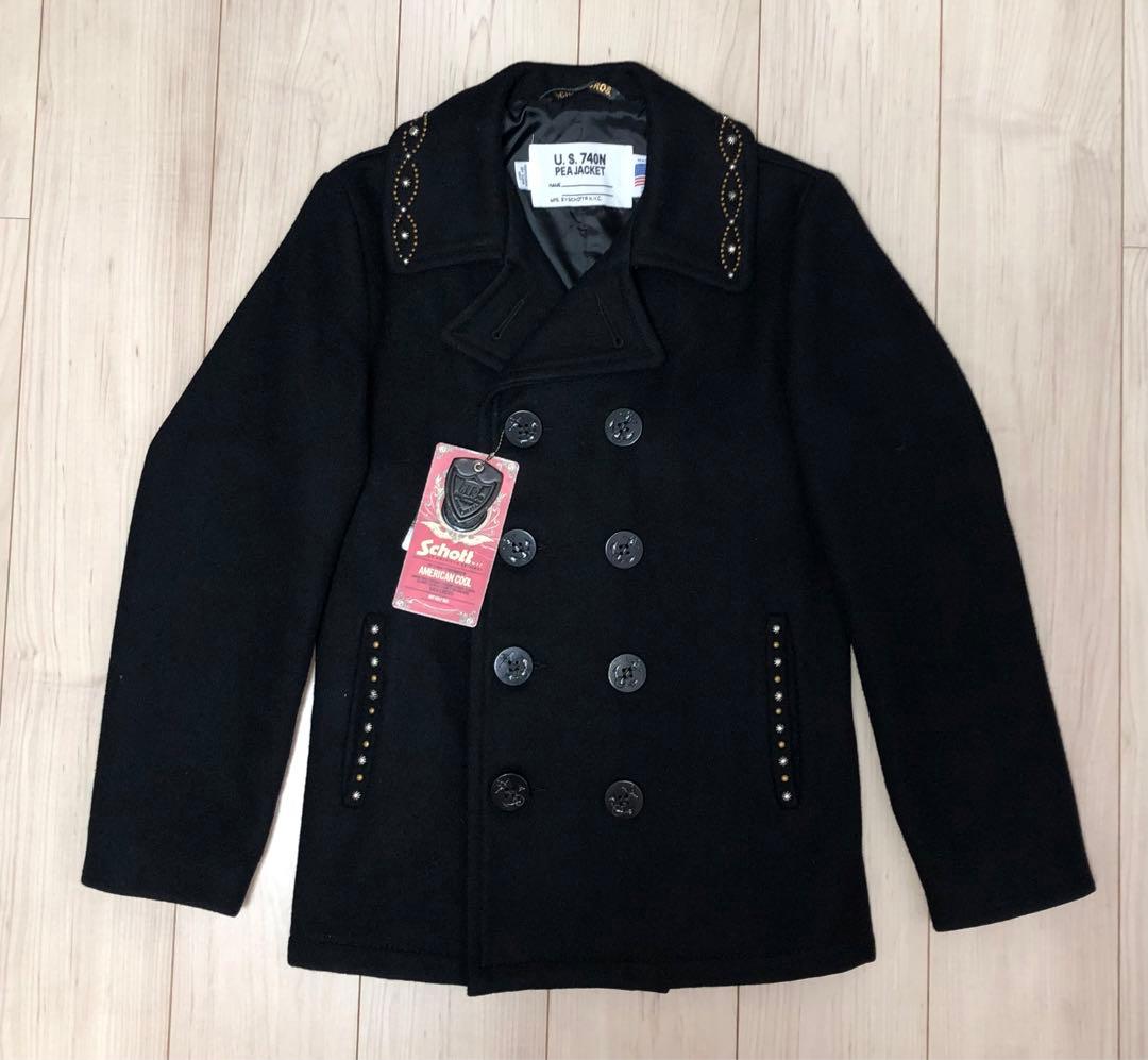 34 新品 Schott x HTC 753US Pコート スタッズ タイト 黒